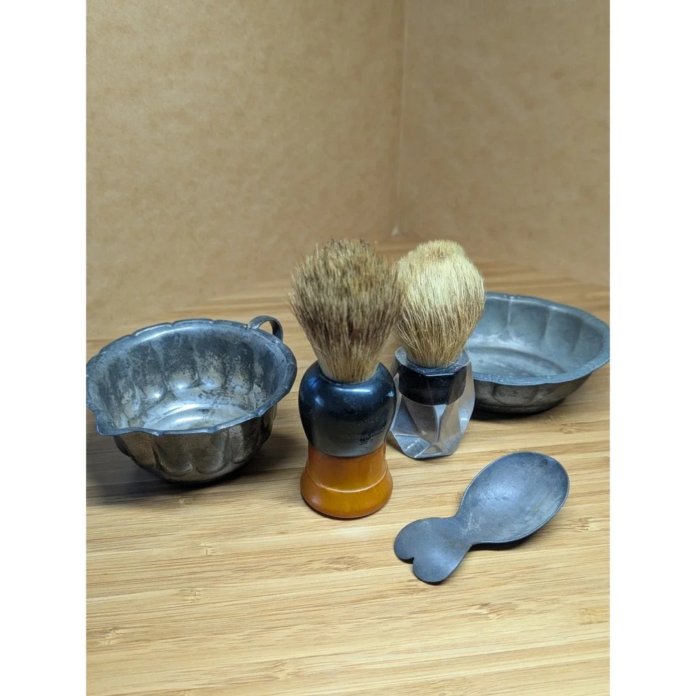 Vintage Shaving Set Brushes Every Ready Opal Badger w Bowls 925 Sterling Silver